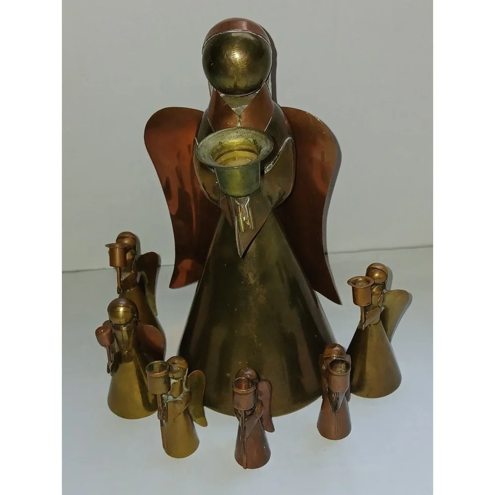7  Vintage Rustic Copper & Brass Angel Candle Holder Set‎ Mexico Christmas Decor